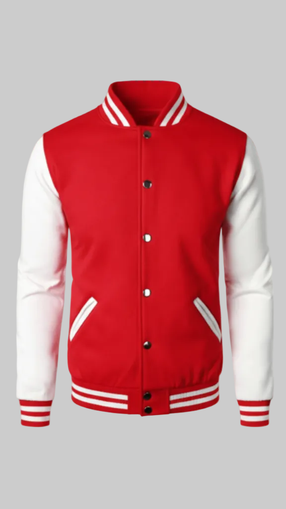 Classic Red &amp; Navy Varsity Jacket with Double Stripe Detail
