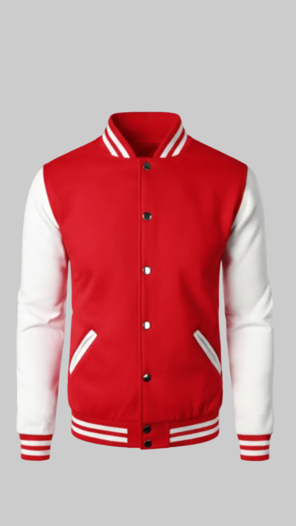 Classic Red &amp; Navy Varsity Jacket with Double Stripe Detail
