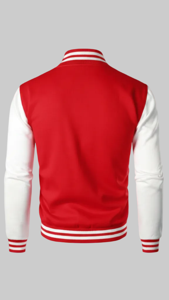 Classic Red &amp; Navy Varsity Jacket with Double Stripe Detail