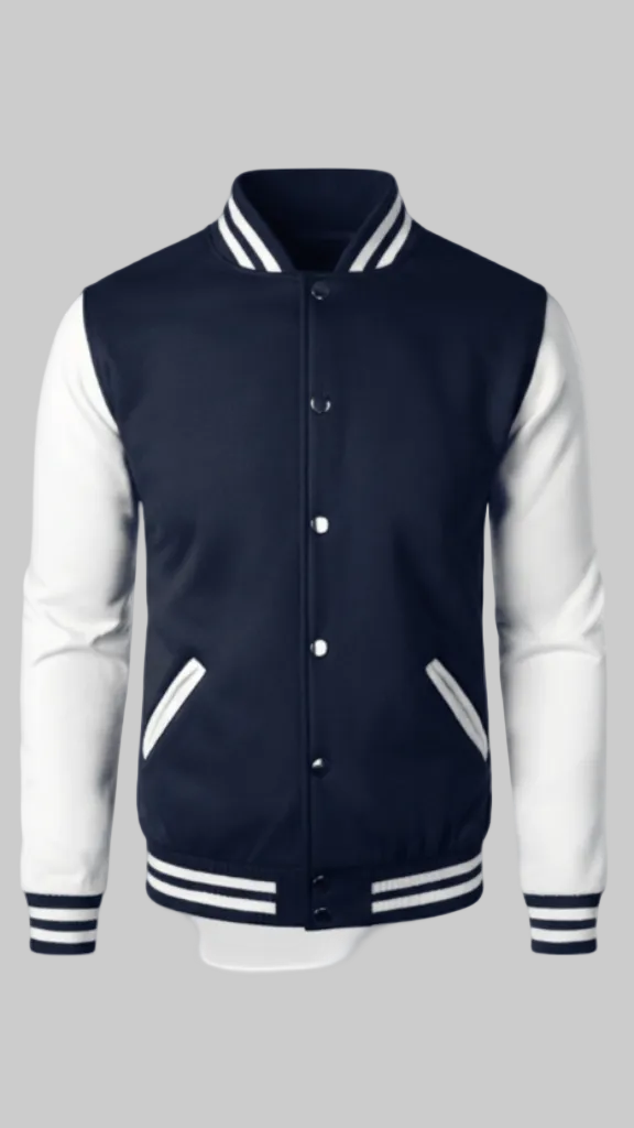 Classic Red &amp; Navy Varsity Jacket with Double Stripe Detail