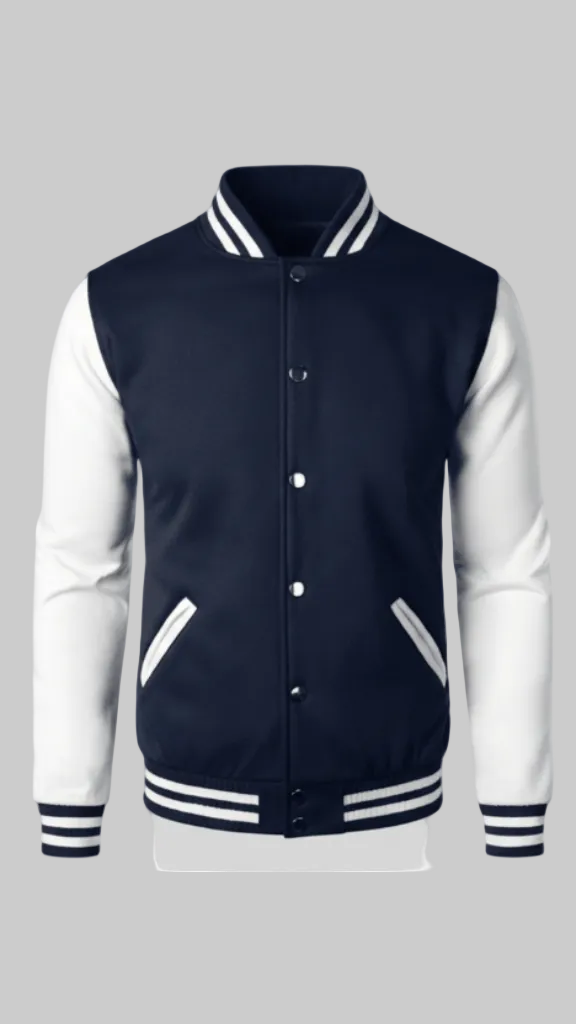 Classic Red &amp; Navy Varsity Jacket with Double Stripe Detail