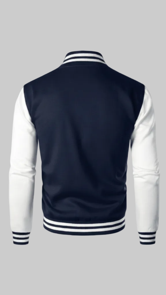 Classic Red &amp; Navy Varsity Jacket with Double Stripe Detail