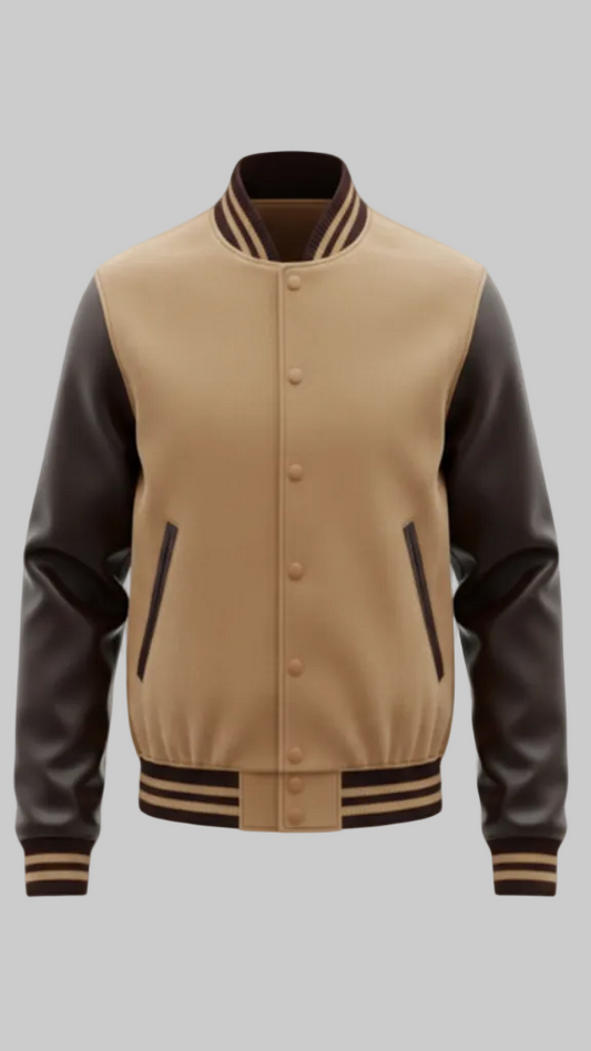 Tan Suede with Genuine Leather Sleeves Varsity Jacket