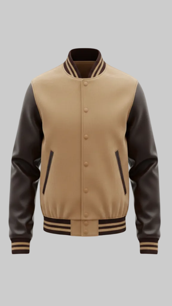 Tan Suede with Genuine Leather Sleeves Varsity Jacket