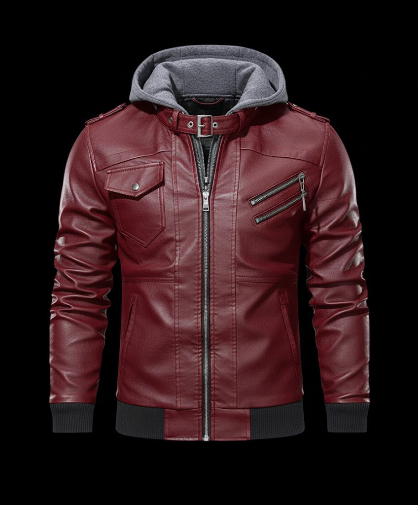 Genuine Leather Bomber Hooded Jacket
