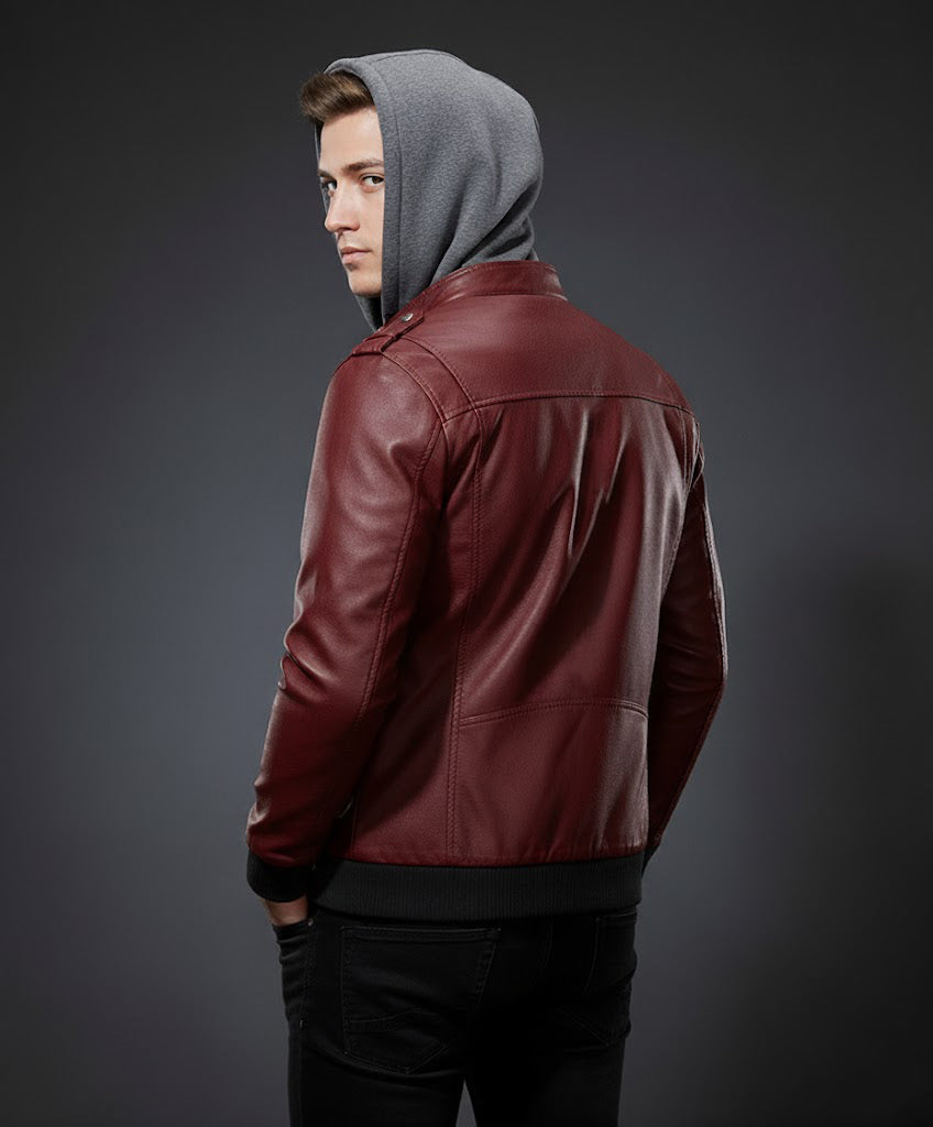 Genuine Leather Bomber Hooded Jacket