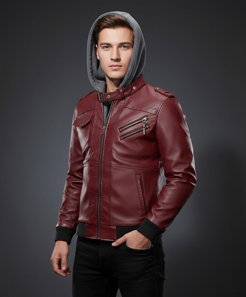 Genuine Leather Bomber Hooded Jacket