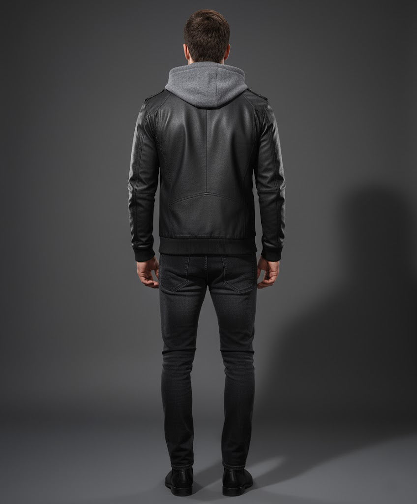 Genuine Leather Bomber Hooded Jacket