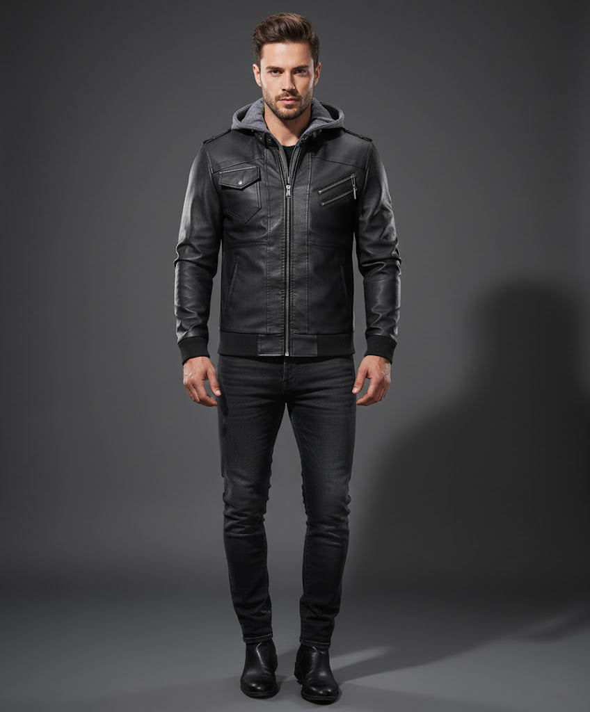 Genuine Leather Bomber Hooded Jacket