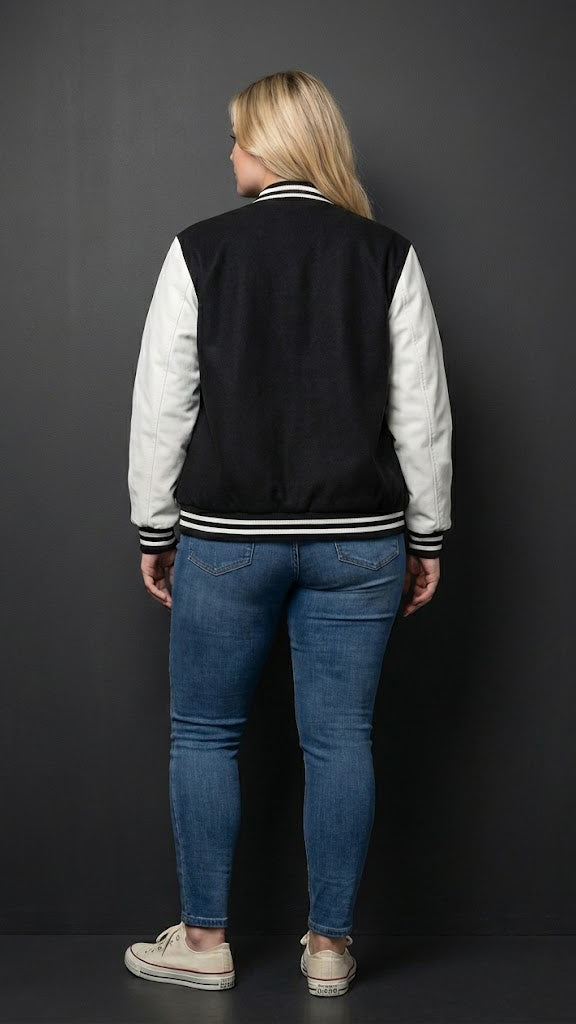 Black Wool & White Genuine Leather Streetwear Varsity Jacket