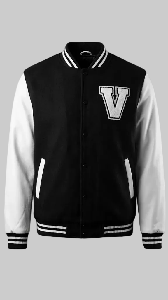 Black Wool & White Genuine Leather Streetwear Varsity Jacket