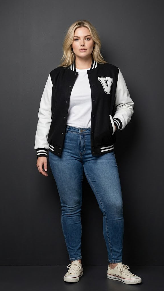 Black Wool & White Genuine Leather Streetwear Varsity Jacket
