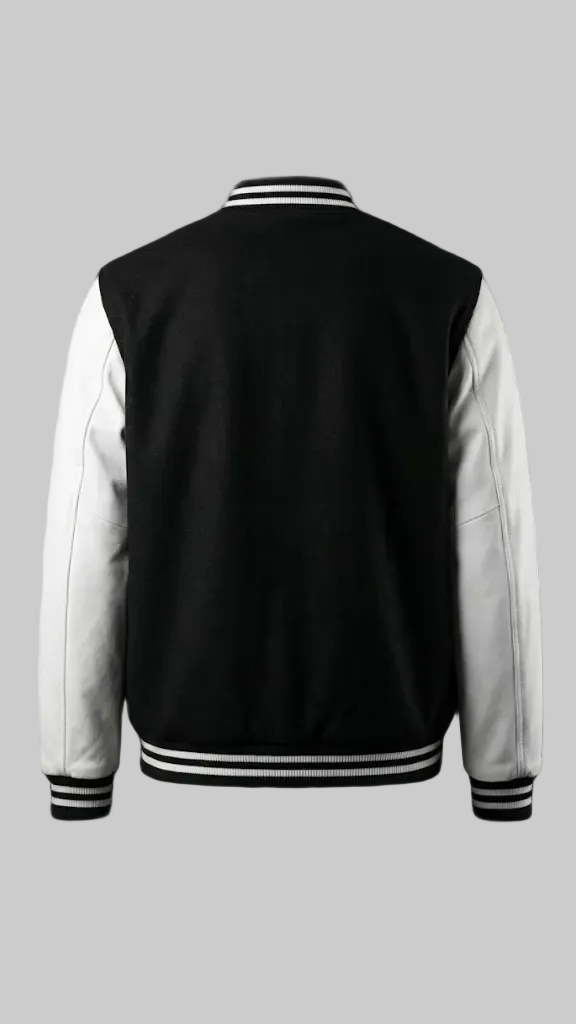 Black Wool & White Genuine Leather Streetwear Varsity Jacket