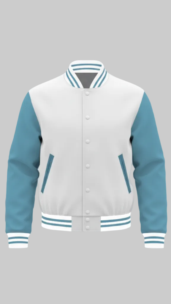Plain White and blue varsity jacket Leather Sleeves